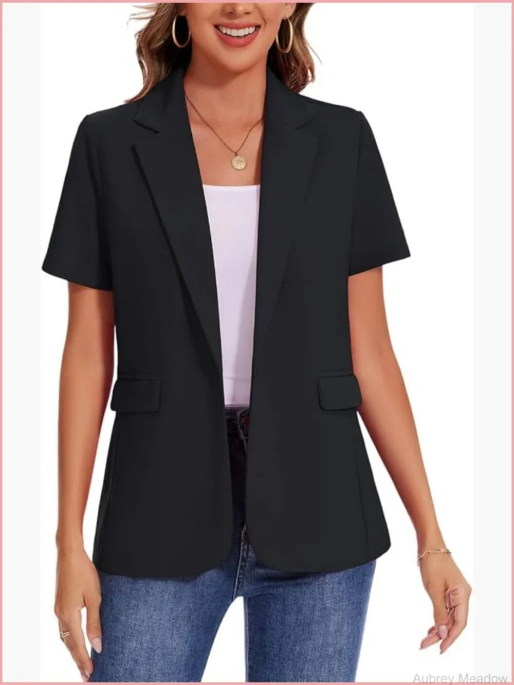 Short Sleeve Blazer Lightweight Button Front Business Jacket Notched Lapel Work